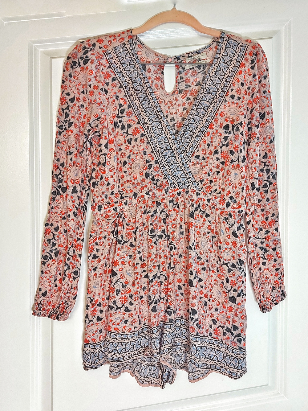 Urban Outfitters Floral V-Neck Romper in Coral, Navy & Cream